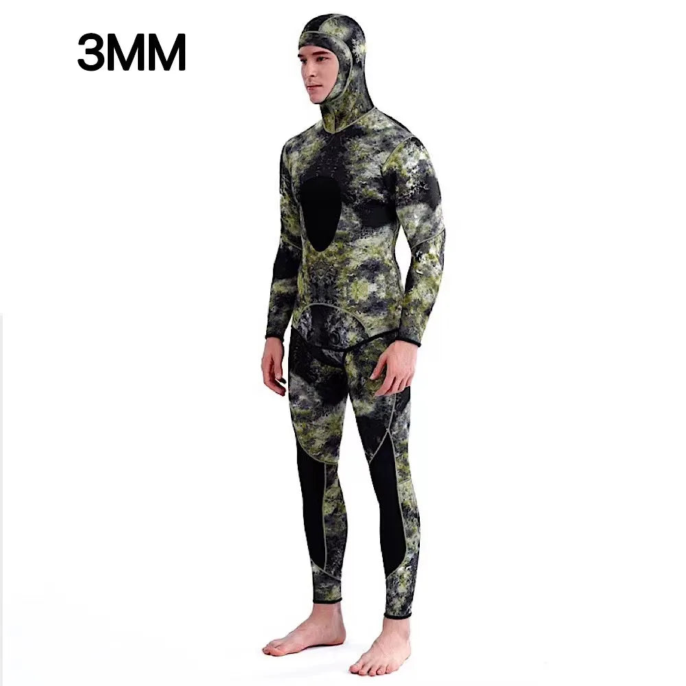 HOT Camouflage Long Sleeve Fission Hooded 2 Pieces Of 1.5/3MM Neoprene Submersible Suit For Men Keep Warm Waterproof Diving Suit