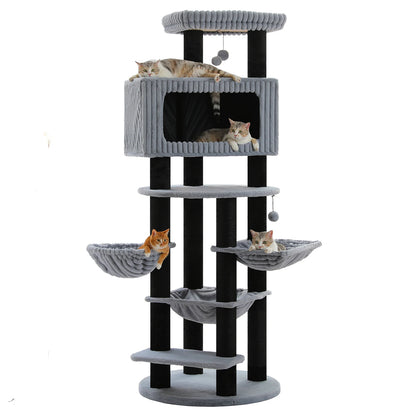 Kattställning i flera nivåer med två hus och klöspelare
