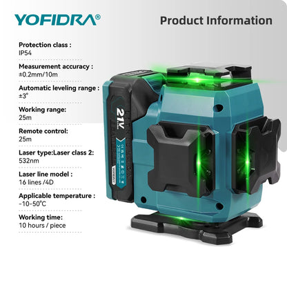 YOFIDRA 4D 16 Lines Laser Level Self-Leveling 360° Horizontal Vertical Leveling Tools With 1M Tripod For Makita 21V Battery Pin