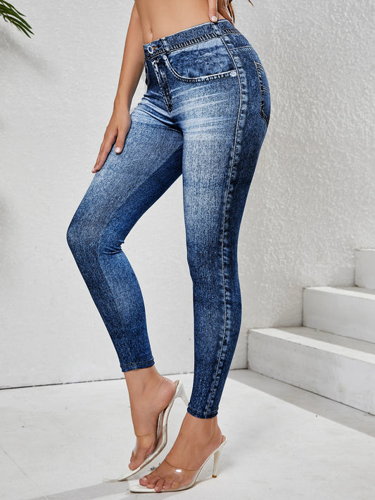 Dam Fejk-Denim Leggings 2026 – Fickor Hög Midja Magkontroll Stretch Fitness Yoga Vardag S–XXL