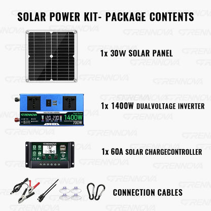 Grennova Solkraftsystem – Ren Sinusvåg 700W/1400W + 30W Solpanel + 60A MPPT 12V/24V 110V/220V Husbil Off-Grid CE