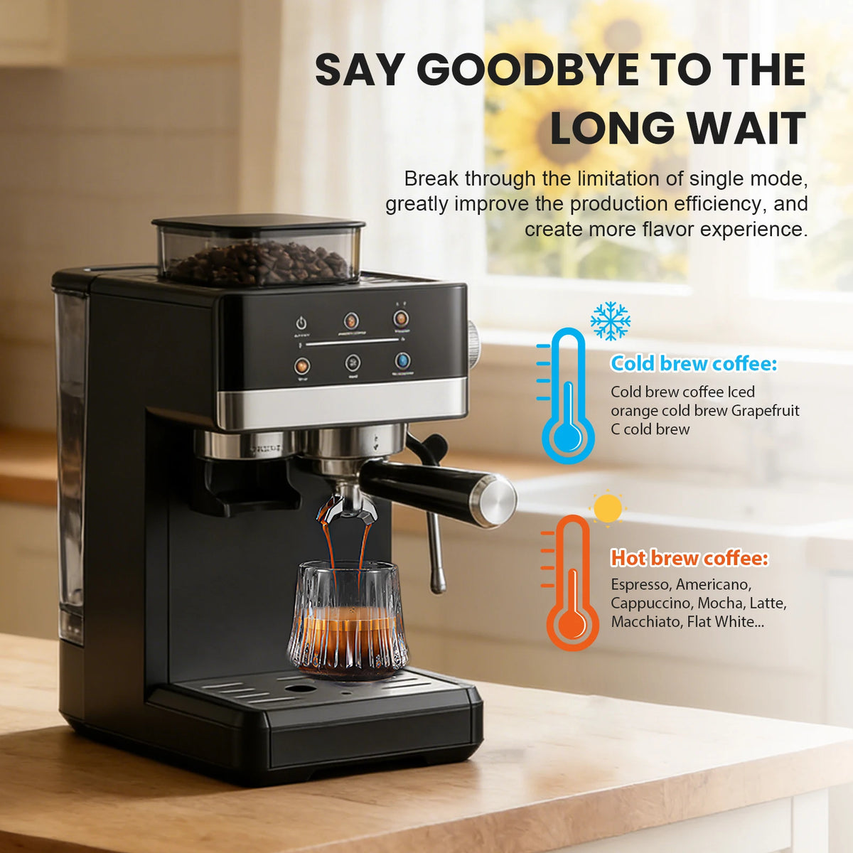 Matte Black Smart Espresso Coffee Machine Burr Grinder Touch Screen Pre-Infusion 360° Steam Wand Cold Brew