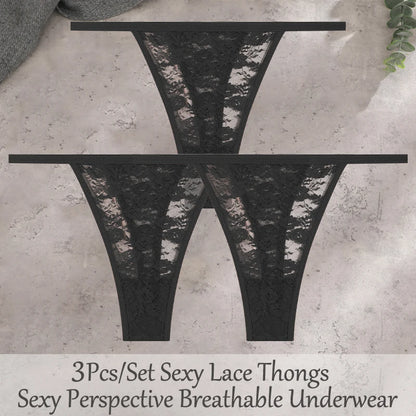 3Pcs/Set Sexy Lace Floral Panties For Women Solid Color Transparent Underwear Female Lace Perspective Hollow Out G-string Thongs