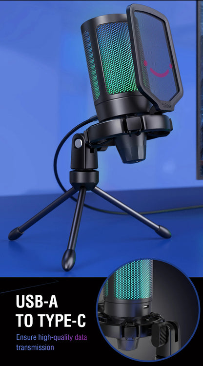 FIFINE USB Gaming Microphone,Condenser MIC with RGB,for PC PS4 PS5 MAC,Suit for Podcasters/Gamers/Influencers/Home Studio