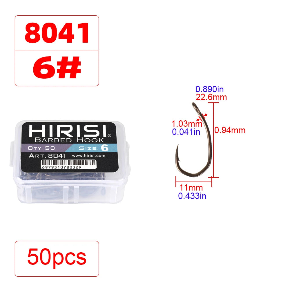 Hirisi 8041 50Pcs PTFE Coated Fish Hook High Carbon Stainless Steel Anti-Rust Sharp Point Barbed With Eye for Fishing Accessory