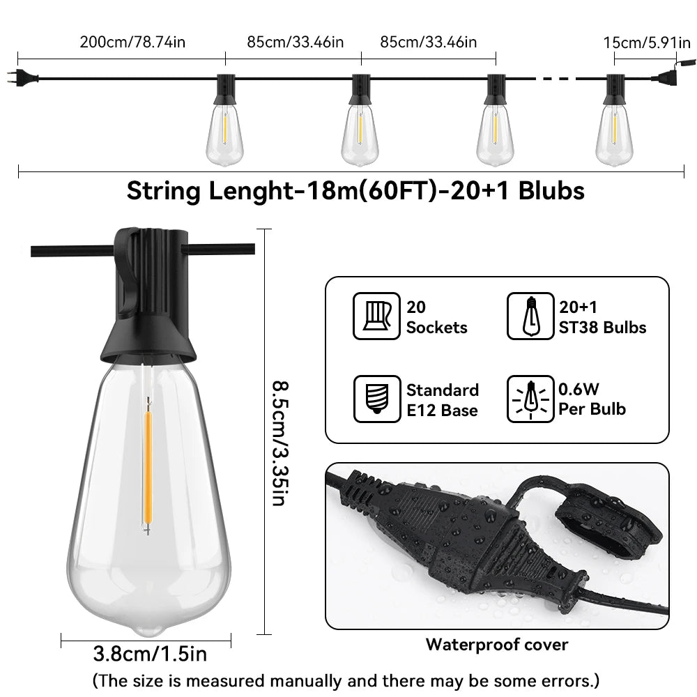 Utomhus Ljusslinga – ST38 Edison LED, Varmvit 2200K, Okrossbar, Vattentålig, 60FT/100FT, EU-kontakt