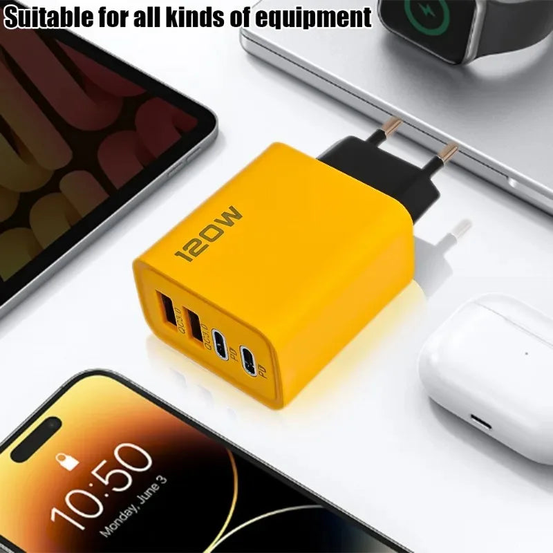120W Väggladdare med 4 Portar – Dual USB-C PD och Dual USB-A QC 3.0, EU/US/UK-kontakt