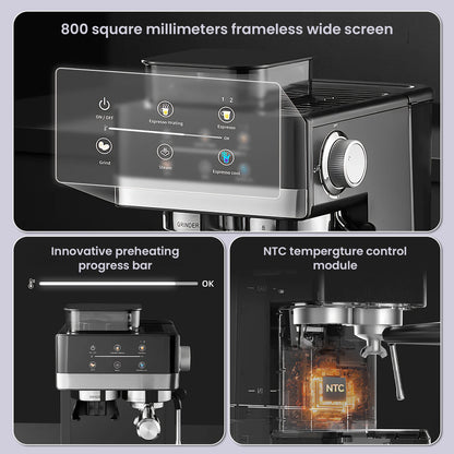Matte Black Smart Espresso Coffee Machine Burr Grinder Touch Screen Pre-Infusion 360° Steam Wand Cold Brew
