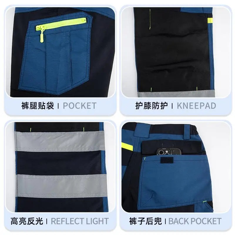 Spring Autumn Multi Pocket Men's Work Pants Wear Resistant Workshop Factory Construction Workers Clothes Reflective Strip Pants