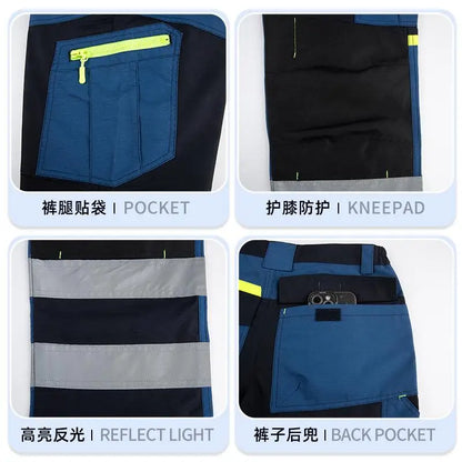 Spring Autumn Multi Pocket Men's Work Pants Wear Resistant Workshop Factory Construction Workers Clothes Reflective Strip Pants