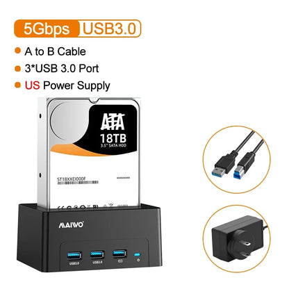 MAIWO HDD Docking Station with USB 3.0 HUB Extension 2.5 3.5 Inch SATA HDD Case Support 24TB with Fast Charge Port HDD Enclosure