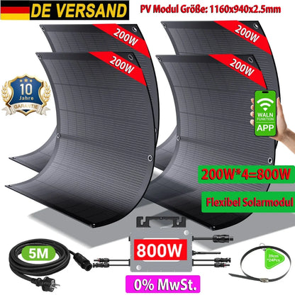 800W Balkongsolcells-kit – 4×200W Flexibla Solpaneler + 800W Mikroväxelriktare, Plug & Play, WiFi-övervakning, IP67, CE, EU-lager (Tyskland)