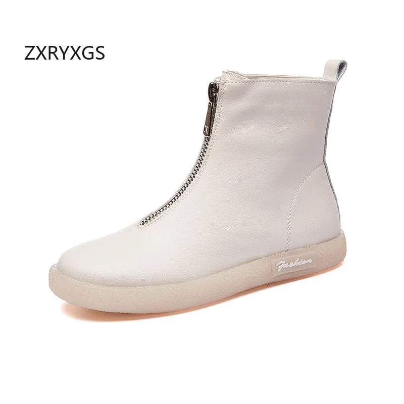 ZXRYXGS British Style Front Zipper Genuine Leather Boots Flat Sneakers 2026 Temperament Trend Autumn Winter Boots Black White