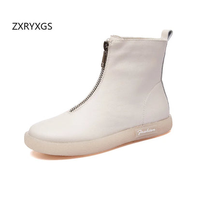 ZXRYXGS British Style Front Zipper Genuine Leather Boots Flat Sneakers 2026 Temperament Trend Autumn Winter Boots Black White