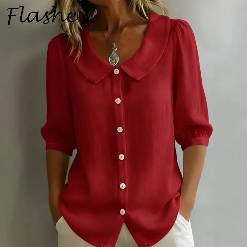 Lös Bomull-Linne Skjorta Dam – Kortärmad, Knappar, Casual Blus, 7 Färger, S–XXXL