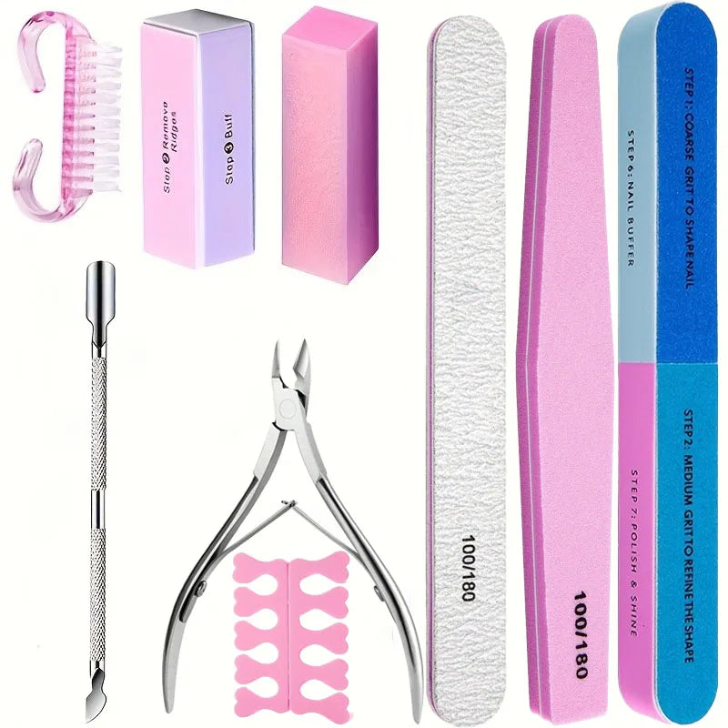 Professionellt Nagelvårdskit 10/15 delar – Filar, Buffer, Pensel, Sax, Nagelband Nippers & Gel-verktyg