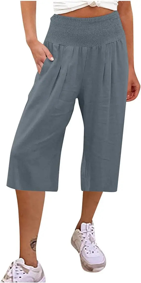 Summer 2024 Amazon Eurn women's cross-border cotton hemp seven waist pocket pocket pocket pocket wide leg pants woman