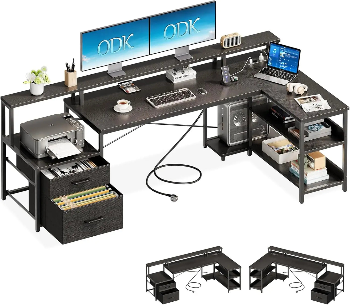 Coleshome desk with Drawers, 189.3 × 100cm Reversible Corner desk Large with 2 sockets & USB Charging Port, White