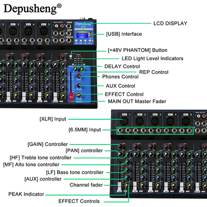 Depusheng HT7 Bluetooth Ljudmixer USB DJ Ljudkonsol 7-kanaler