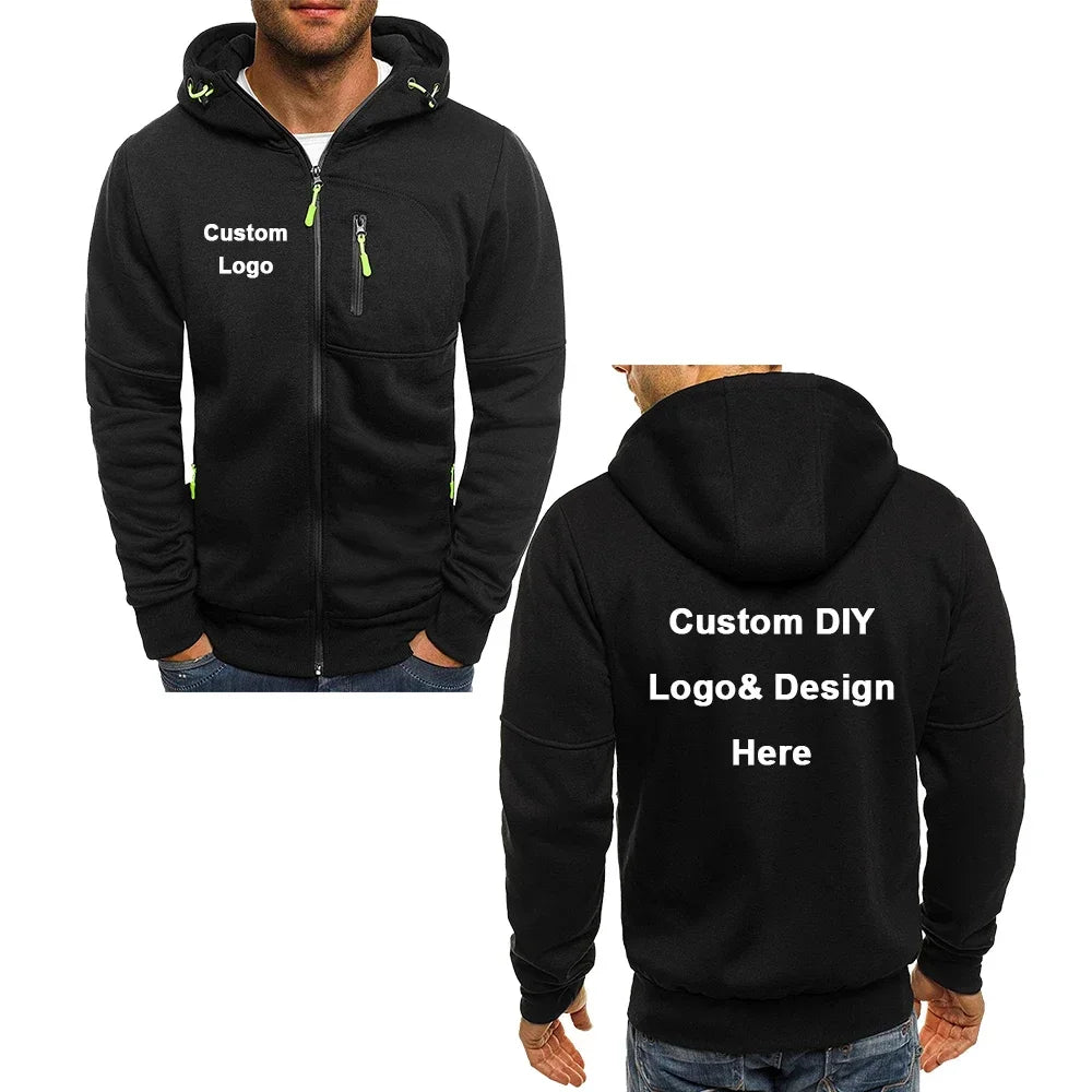 Herr Zip-up Hoodie med Fickor & Eget Tryck – Tunn, Japan-stil | M–4XL
