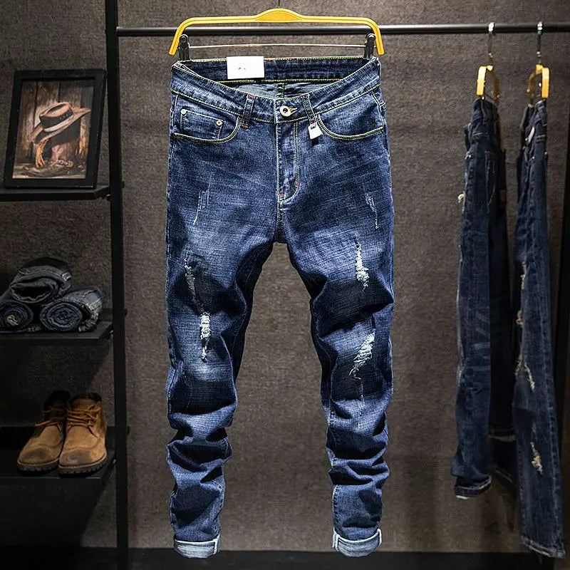 Slitna Slim Jeans för Herr – Elastiska Straight-fit Denim i Koreansk Stil