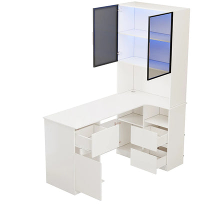Corner Desk with Shelf and LED Display Cabinet, Desk with Cable Outlet, 3 Drawers, 2 Doors, Open Compartments, Built-in Bookcase