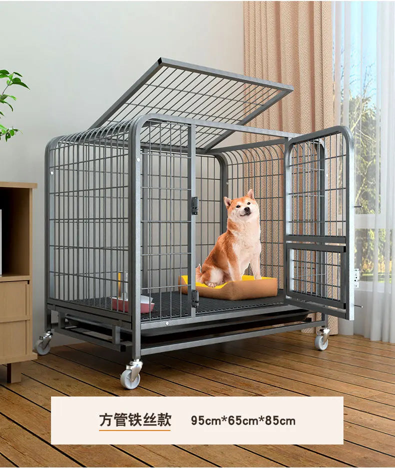 Heavy Duty Square Tube Dog Cage for Medium Large Dogs Indoor Metal Kennel with Toilet Tray Foldable Iron Pet Crate Furniture