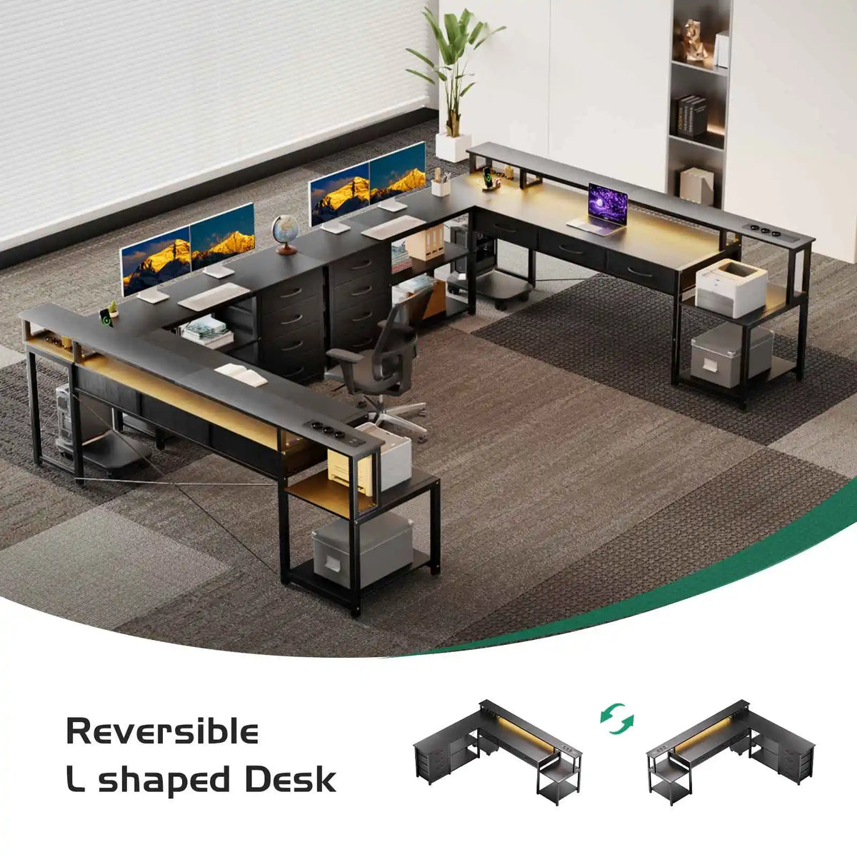 Desk, square table with drawers, sockets and USB ports, monitor stand and LED lighting included, black.