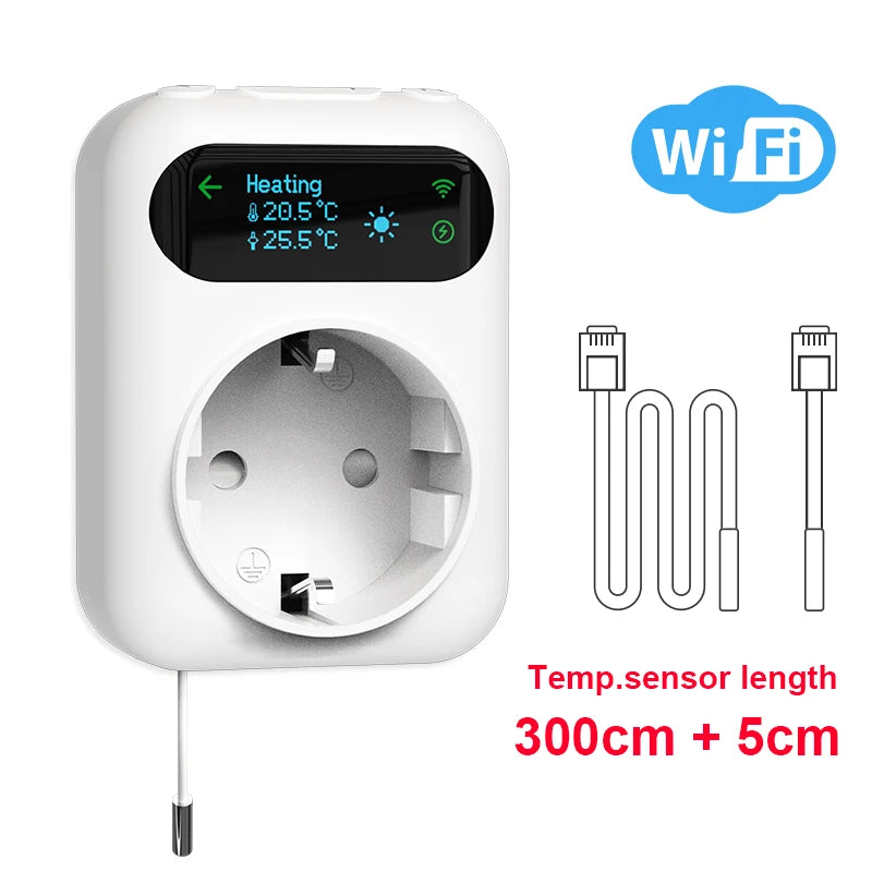 EZAIOT uttagstermostat med Wi-Fi och temperaturgivare – värme och kyla