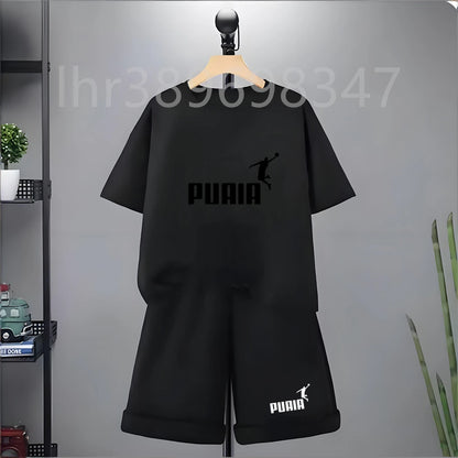 Summer Kids Print 2pcs Breathable Tees+Shorts Leisure Suits 3-12 Years Boys Girls Outfits Children Cool Black White Clothes