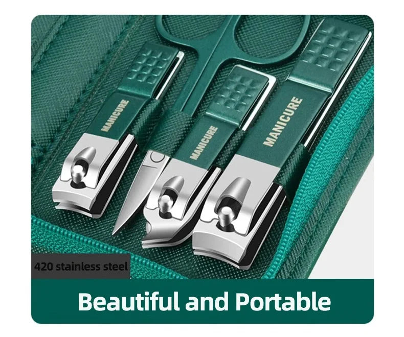 Green Stainless Steel Nail Clipper Sets 6-18 Pcs Manicure Set With Leather Case Professional Foot And Face Care Tool Kits