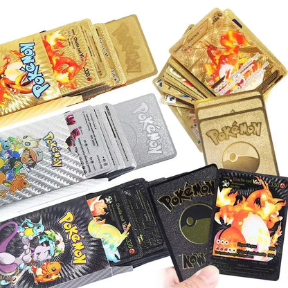 •55 pcs Pokemon Metal Gold Black Vmax GX Card Box Mewtwo Charizard Pikachu Rare Collection Battle Trainer Children Toys Gift