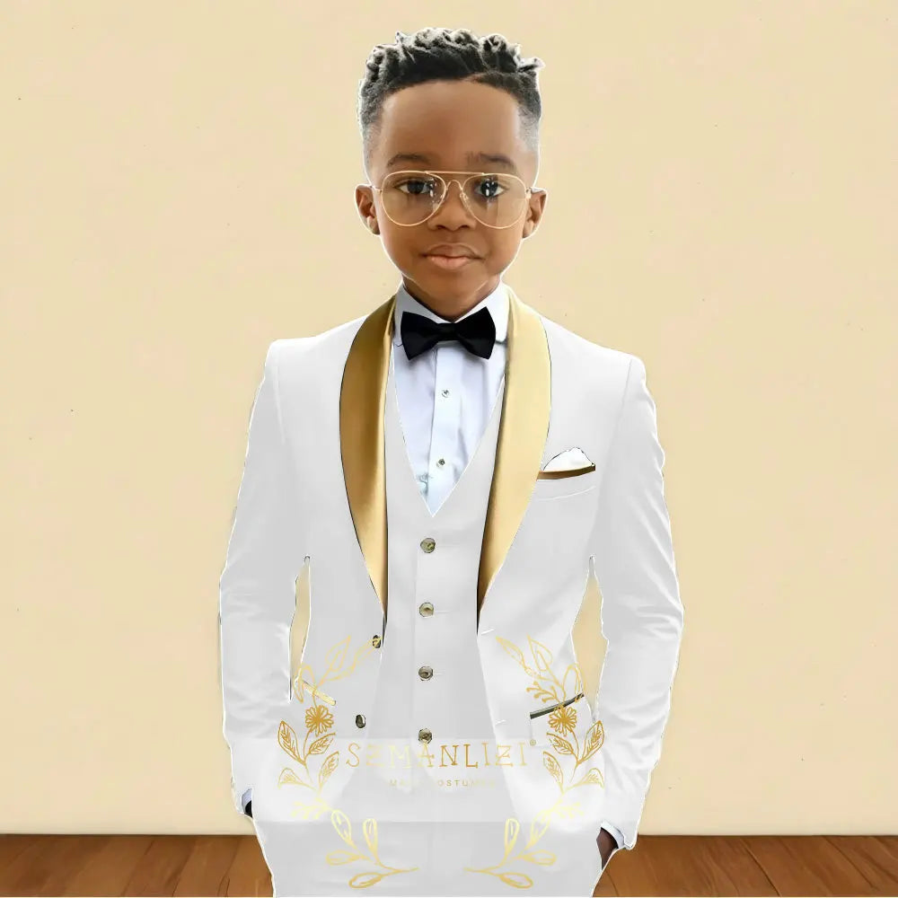 Oil Green Boys Suit 3 Pieces Wedding Tuxedo for Kids Jacket Pants Vest Gold Shawl Lapel Child 2-16 Years Old Customized Outfit