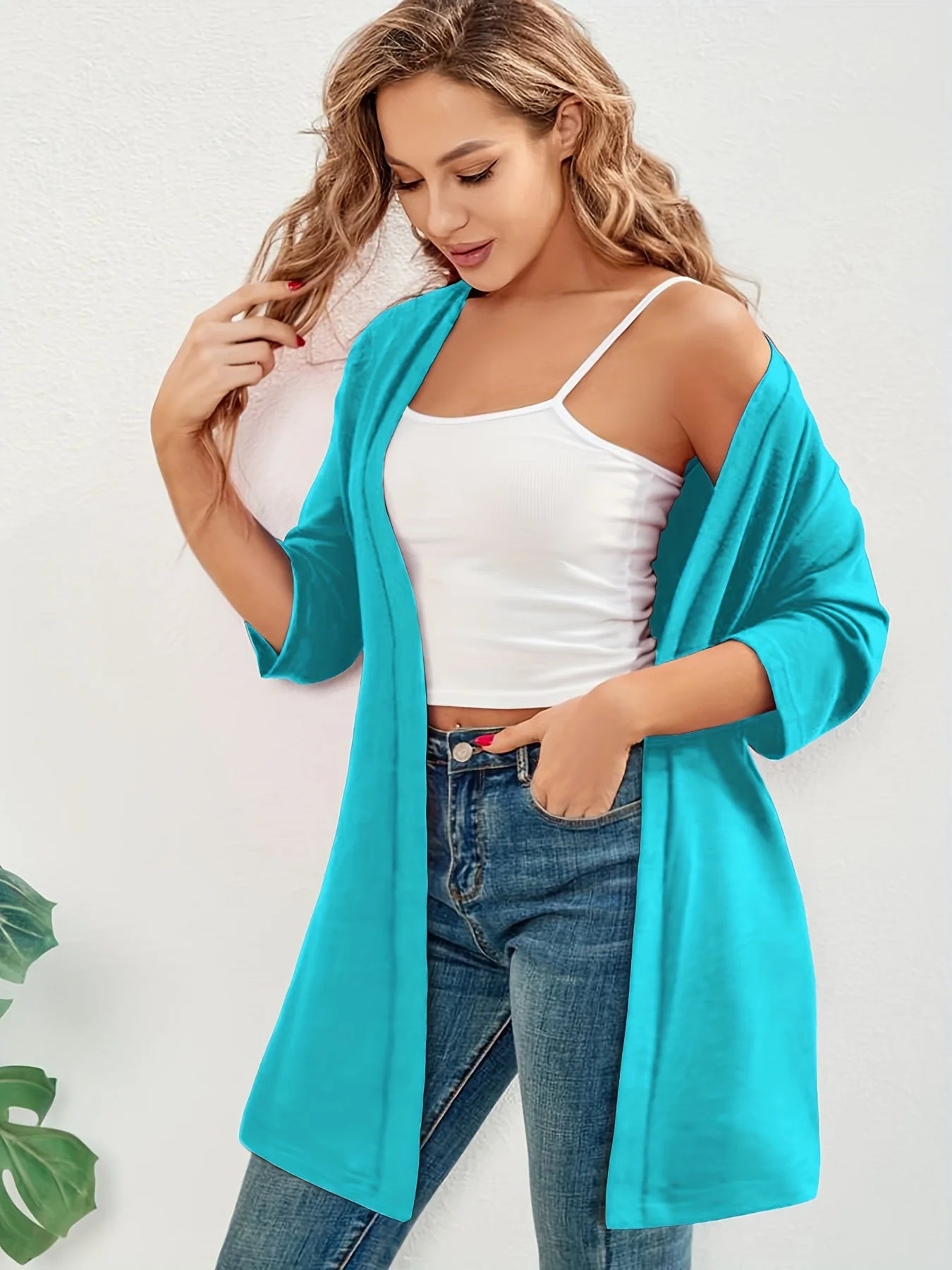 Dam Plus Size Elegant Kofta – Halvlång 3/4-ärm Hög Stretch Öppen Casual Höst/Vinter, 9 Färger XL–4XL