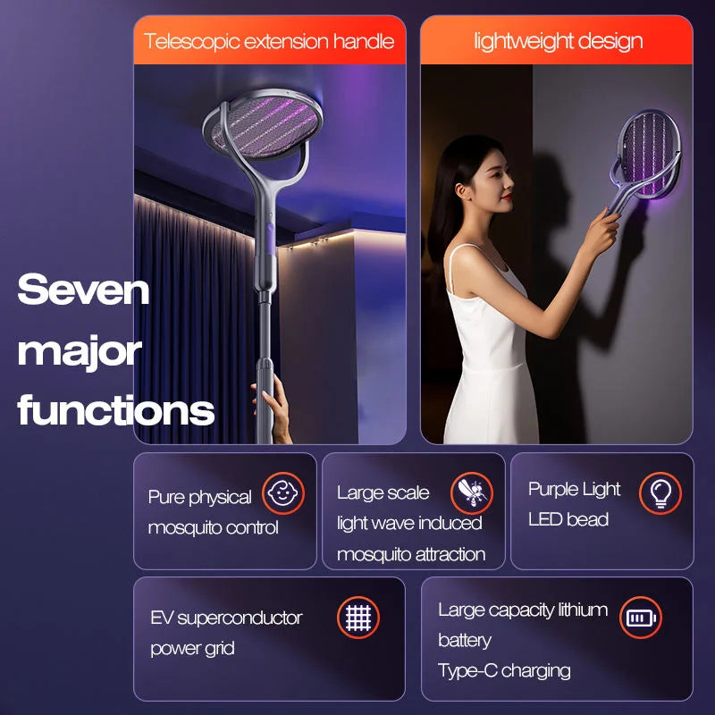 Telescopic Electric Mosquito Swatter & UV Trap Lamp, Extendable 109cm, Safe Physical Killer, Rechargeable, Wall Mount No Gap