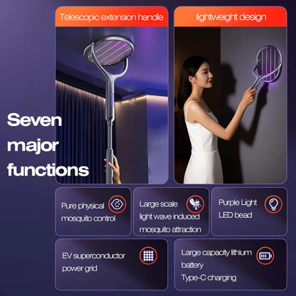 Telescopic Electric Mosquito Swatter & UV Trap Lamp, Extendable 109cm, Safe Physical Killer, Rechargeable, Wall Mount No Gap