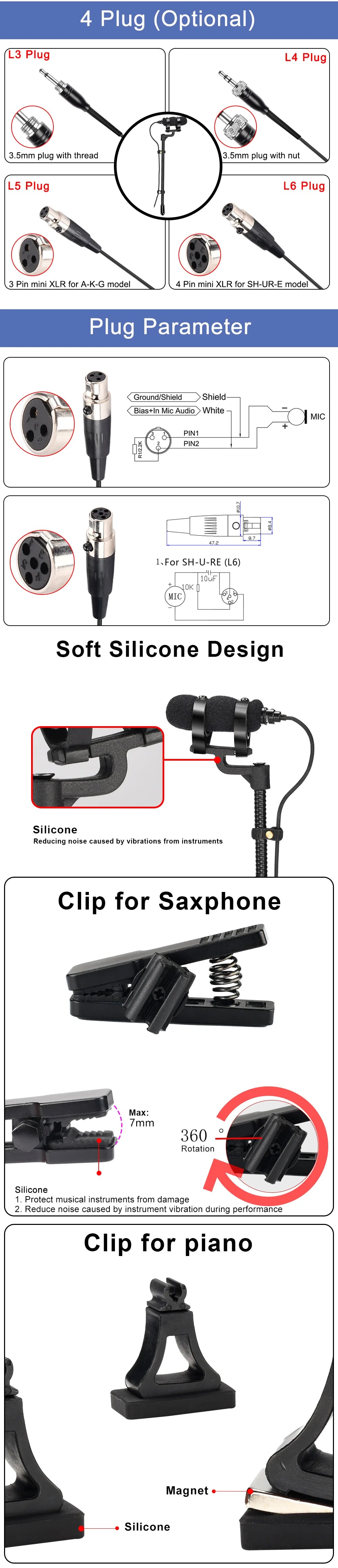 Professional 3 Pin 4 PIN XLR Violin Microphone 3.5mm Portable Condenser Musical Instrument Mic for Wind Sax Piano Clarinet IM-22