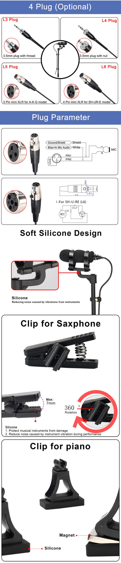 Professional 3 Pin 4 PIN XLR Violin Microphone 3.5mm Portable Condenser Musical Instrument Mic for Wind Sax Piano Clarinet IM-22