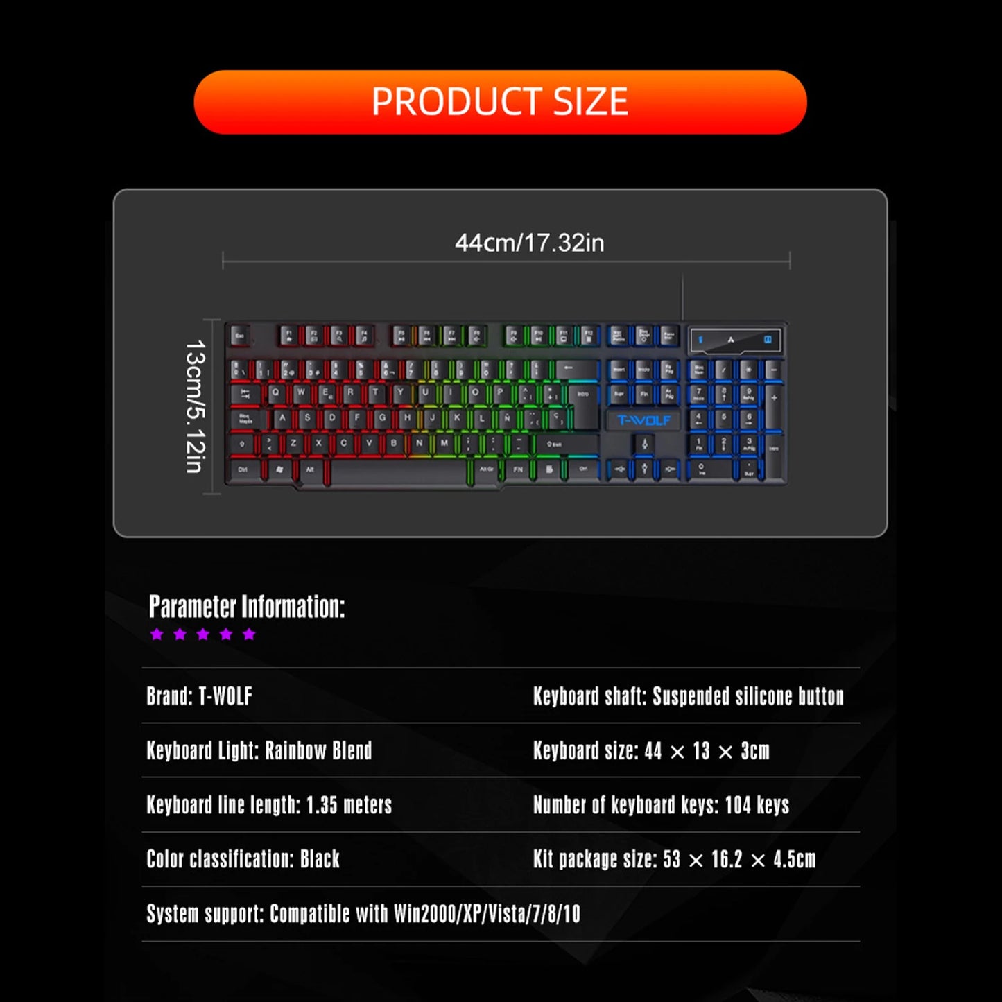 Mechanical Feel Gaming Keyboard Light Backlit RGB Wired Keyboard USB Office Home Media Keys Russian Spanish Arabic English