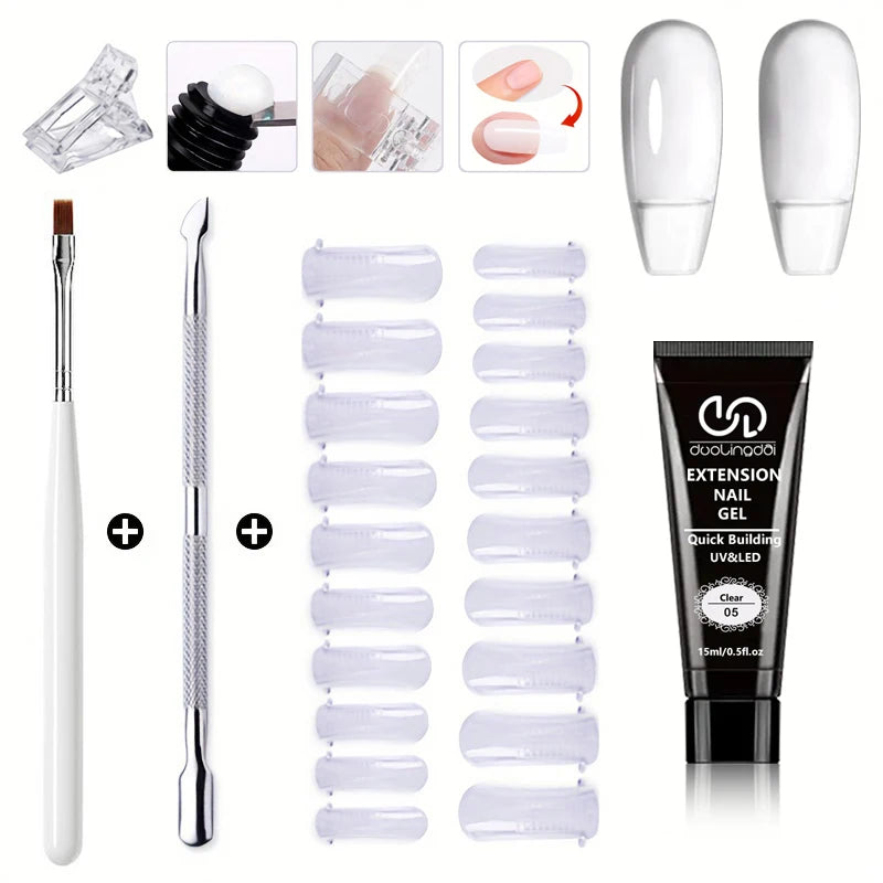Salon & Home Nail Art Kit - 0.51oz Odorless Quick Build Gel Extension Set with 20 Nail Forms & Tools | Professional UV Sculpting