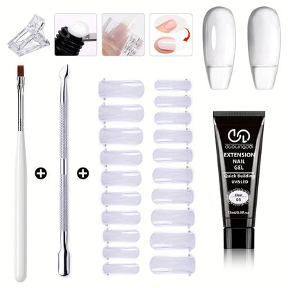 Salon & Home Nail Art Kit - 0.51oz Odorless Quick Build Gel Extension Set with 20 Nail Forms & Tools | Professional UV Sculpting