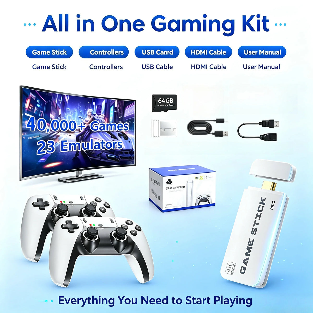 M15 4K TV Game Stick 64GB Retro Video Game Console, Built-in 4000+ Retro Games, 2.4G Wireless Game Controller, Supports 20+ Emulators
