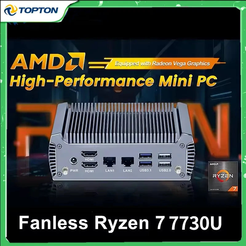 2026 FU02 Fanless AMD Mini Computer Ryzen 9 4950U 7 7730U 5825U 4700U Windows 11 Gaming PC Dual LAN Firewall 2*HDMI2.0 NVMe DDR4