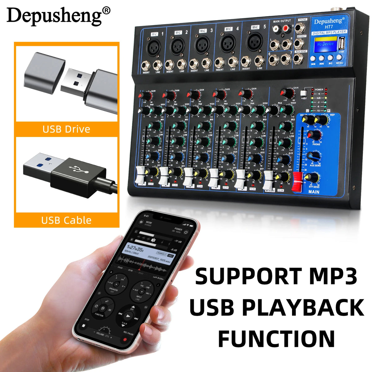 Depusheng HT7 Bluetooth Ljudmixer USB DJ Ljudkonsol 7-kanaler