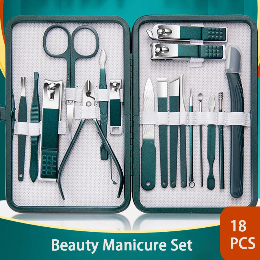 Green Stainless Steel Nail Clipper Sets 6-18 Pcs Manicure Set With Leather Case Professional Foot And Face Care Tool Kits
