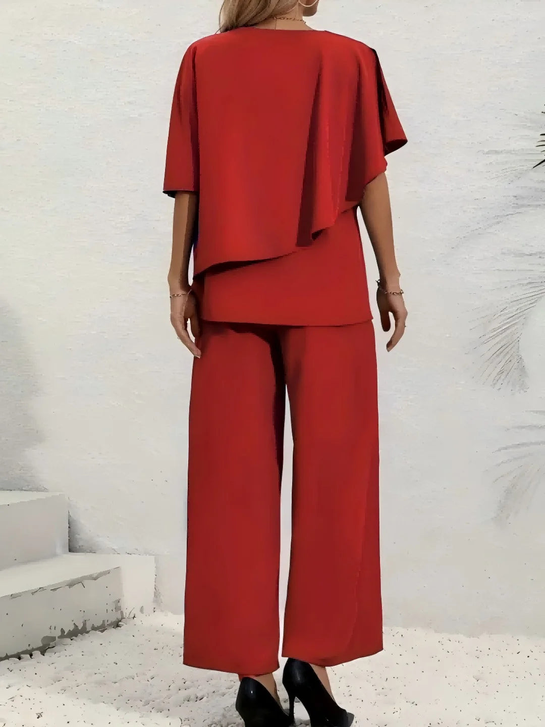 Plus Size Women's Multi-Color Ruffle Sleeve V-Neck Top + Wide Leg Pants 2-Piece Set - Elegant Casual Party Style (0XL-4XL)