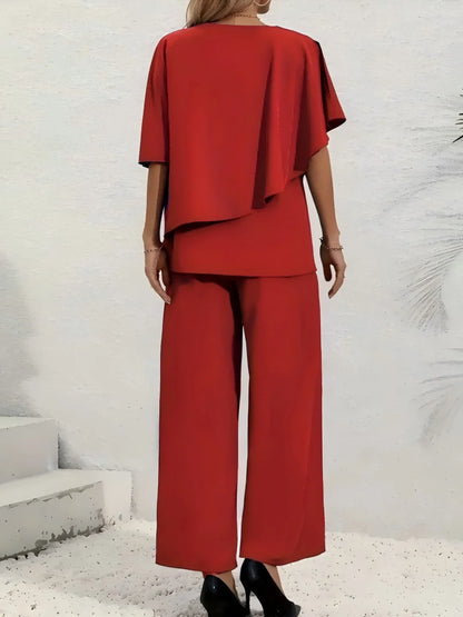 Plus Size Women's Multi-Color Ruffle Sleeve V-Neck Top + Wide Leg Pants 2-Piece Set - Elegant Casual Party Style (0XL-4XL)