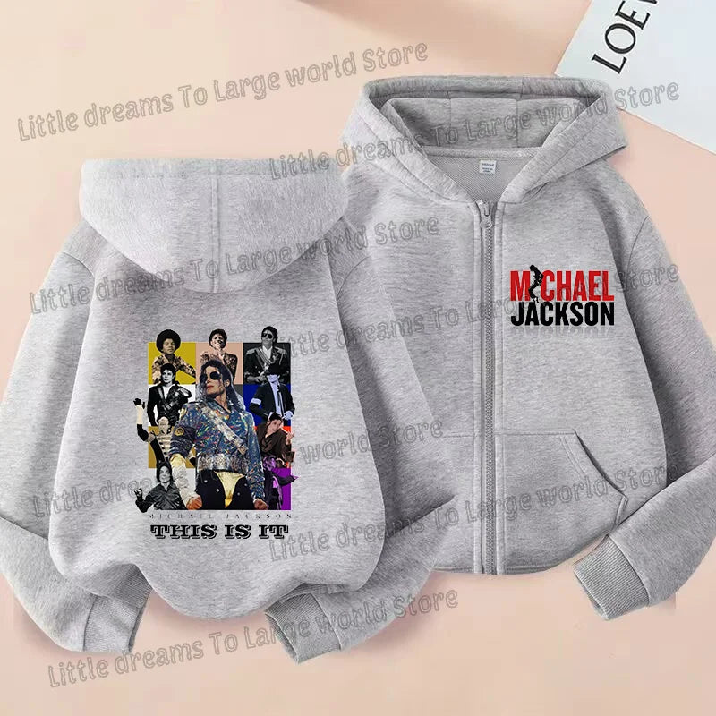 Michael Jackson Thin Long Sleeve Zipper Jacket Boys Hooded Clothes Autumn Spring Singer MJ Zip Up Streetwear with Pocket Tops
