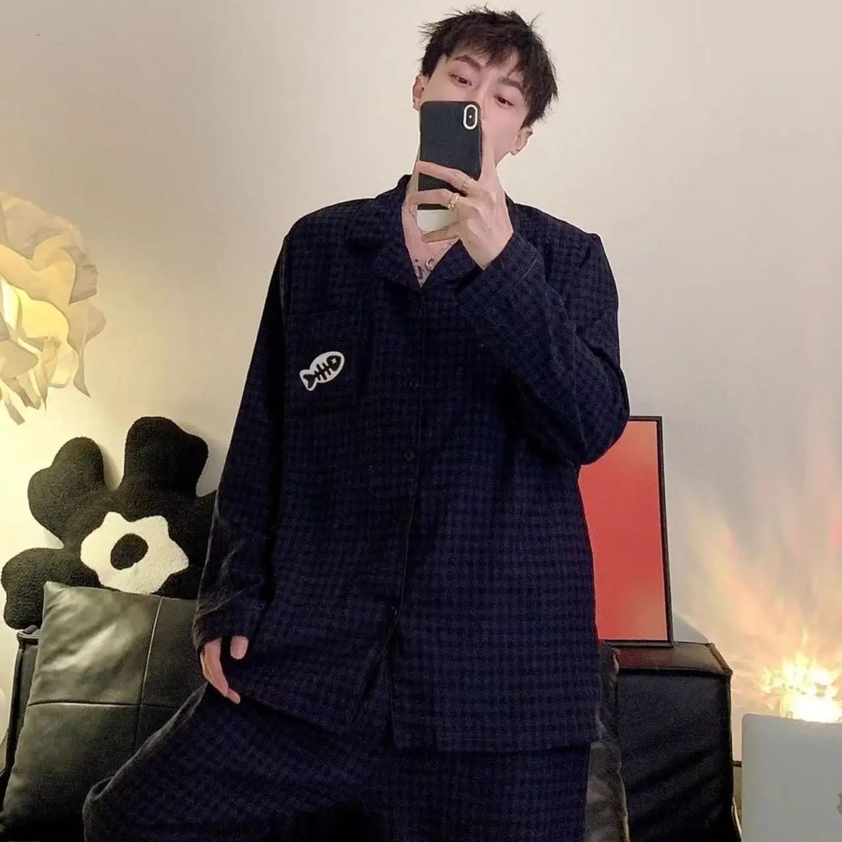 Långärmat pyjamasset herr med krage och tryck – överdel och byxor, L–3XL