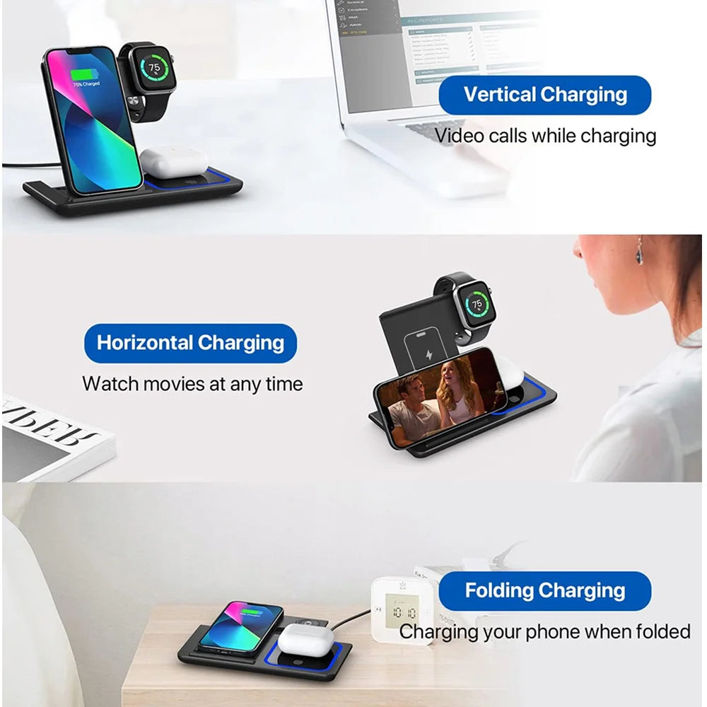 30W 3 in 1 LED Fast Wireless Charger Stand Foldable Charging Station For iPhone 17- 12 Apple Watch 9 8 7 6 5 Airpods Pro